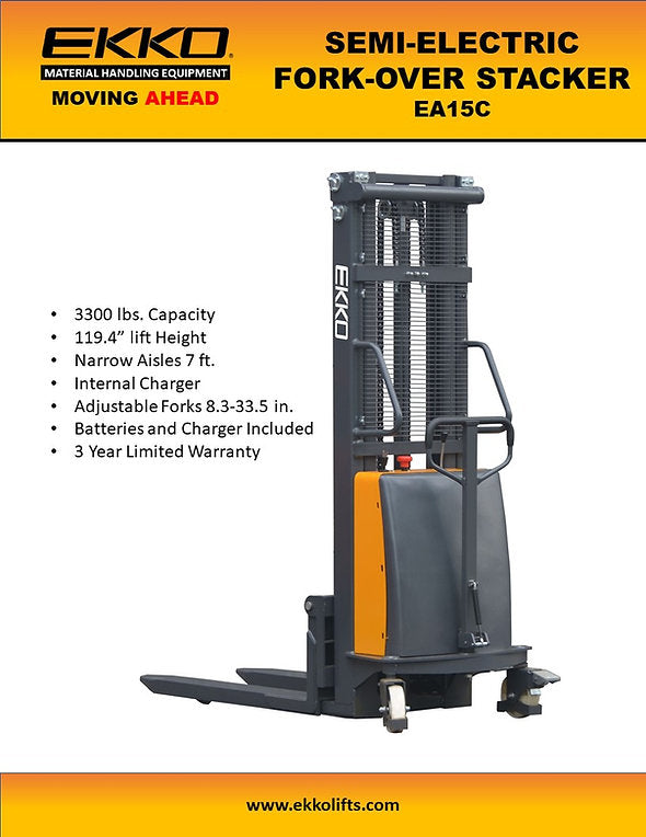 EKKO EA15C Semi-Electric Fork-Over Stacker 3300lbs. Cap., 119.3" Height