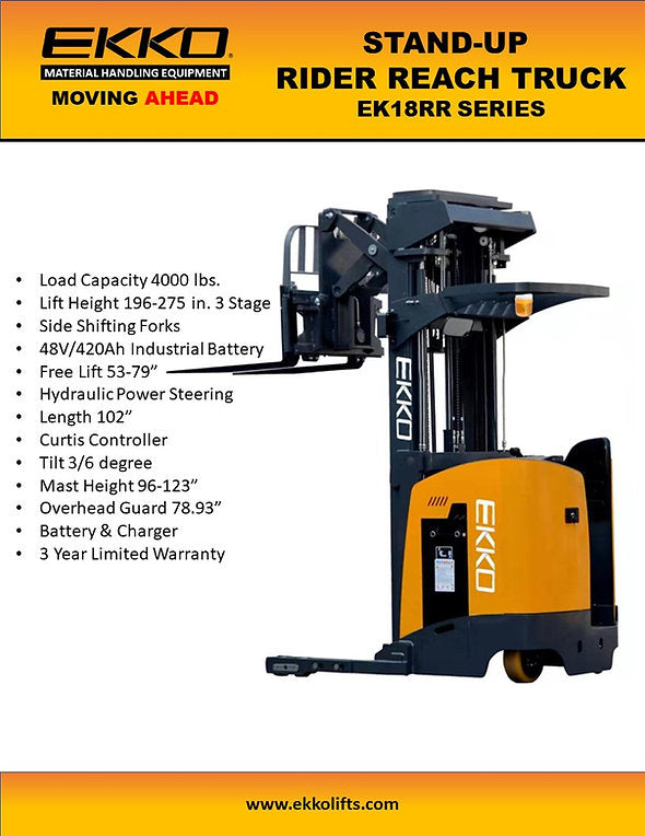 EKKO EK18RR Stand-Up NA Reach Truck 4000 lb Cap., 275"Lift Ht.