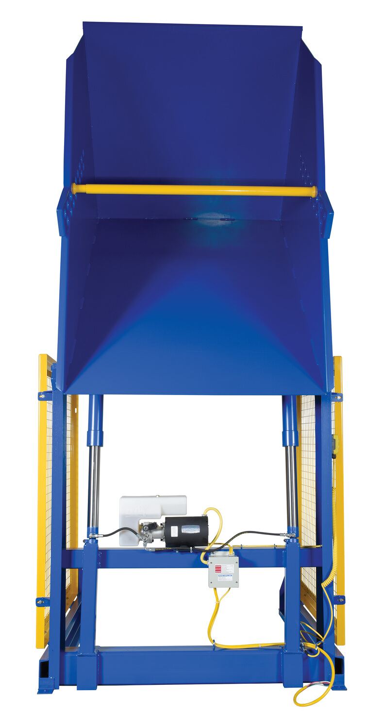 Vestil Steel Electric Hydraulic Box Dumper 60 In. Dump Height 2,000 Lb. Capacity Blue