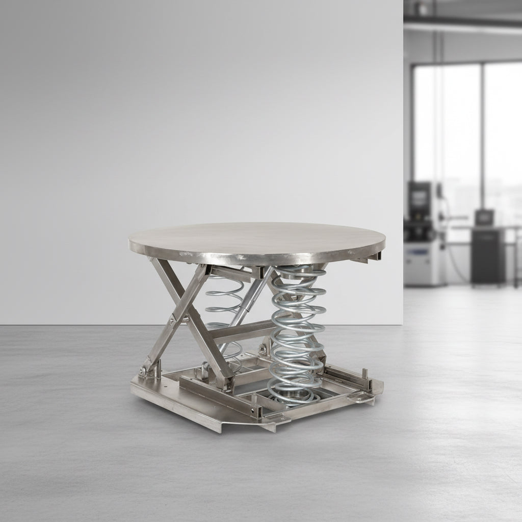 Vestil Partially Stainless Steel Open Manual Carousel Top Spring Scissor Table 4,500 Lb. Capacity Silver
