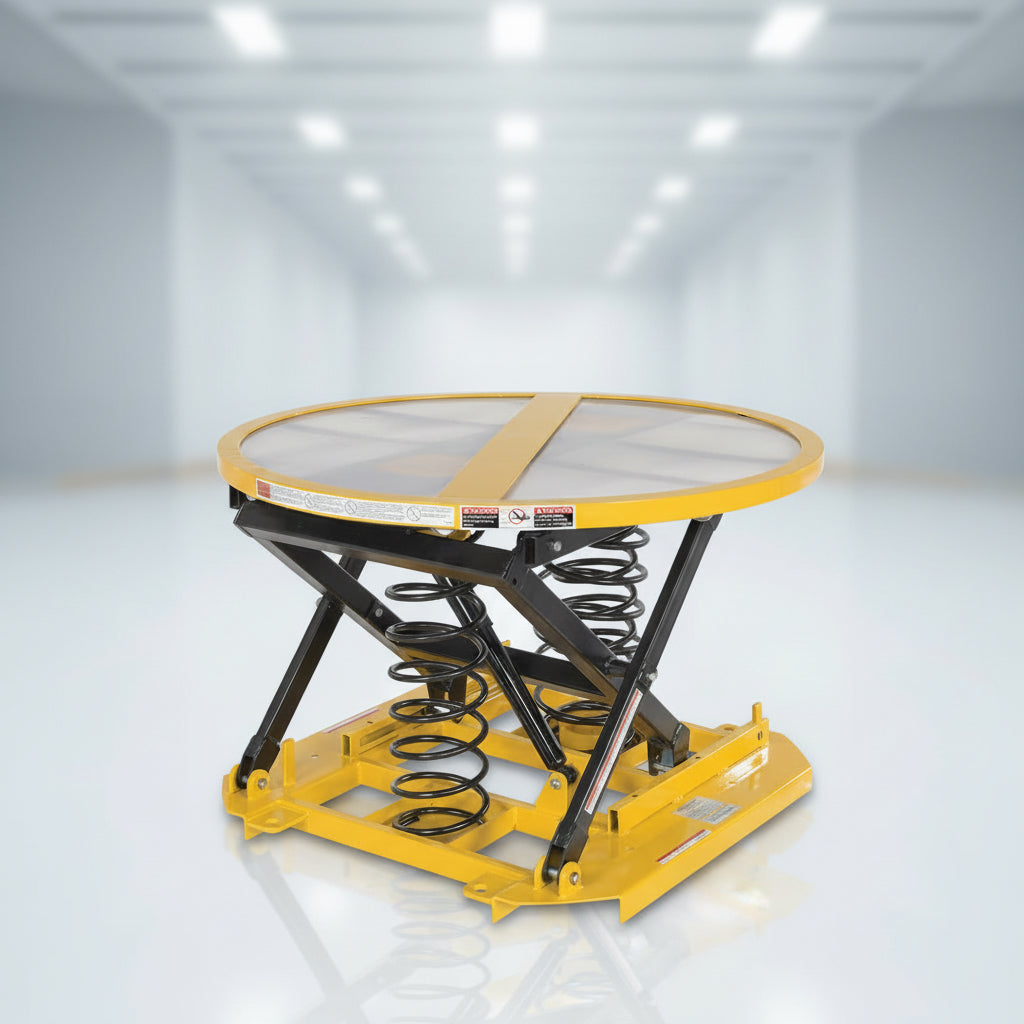 Vestil Steel Open Manual Carousel Top Spring Scissor Table 4,500 Lb. Capacity Black / Yellow