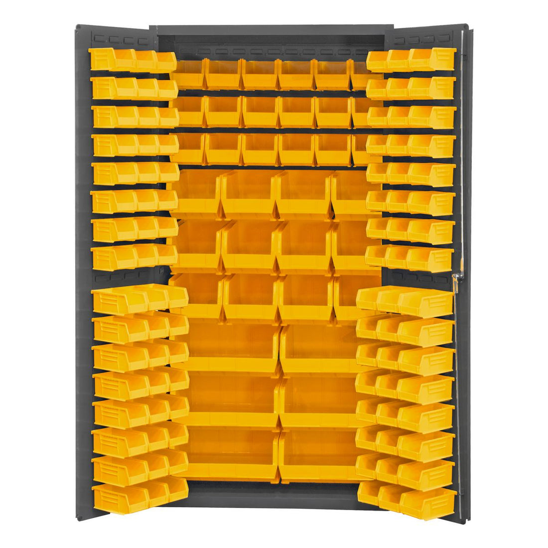 Vestil Steel/Plastic Storage Cabinet with 132 Yellow Bins 36 In. Width x 24 In. Depth x 72 In. Height Gray