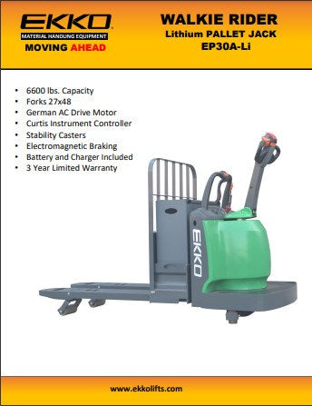 EKKO EP30A-Li Lithium Rider Pallet Jack 6600lbs. Capacity