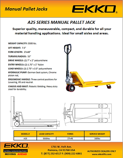 EKKO A25 Manual Pallet Jack, 5,500 lbs Capacity